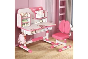 cukoekim Kids Study Desk Chair Set, Children Adjustable Desk and Chair Set School Study Table Chairs, Home School Learning Desk with Ergonomic Chairs with Cartoon Pattern, Bookshelf and Drawer (Pink)
