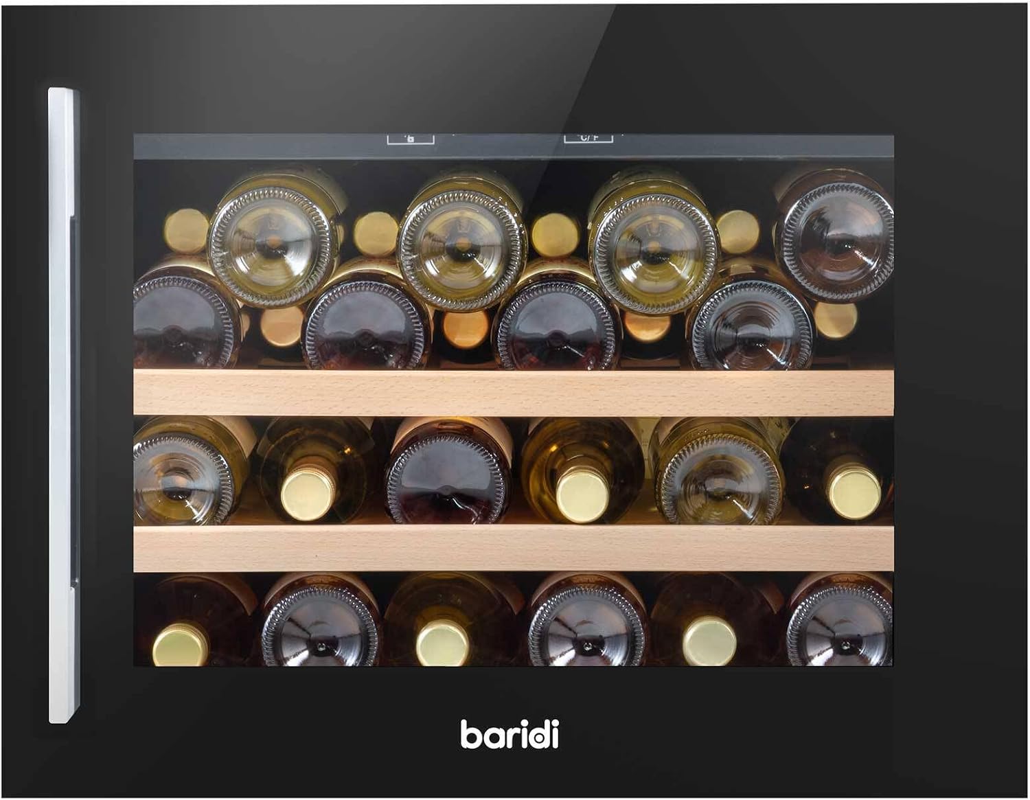 Dellonda Baridi 60cm Built-In 28 Bottle Wine Cooler with Beech Wood Shelves and Internal LED Light, Black - DH205