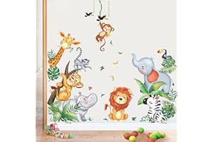 wondever Tatuaż ścienny safari, dżungla, zwierzęta, naklejka ścienna, lew, żyrafa, słoń, tropikalna naklejka ścienna, dekoracja ścienna do pokoju dziecięcego, pokoju dziecięcego, drzwi