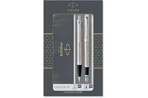 Parker zestaw duo długopis IM z końcówką M | Stal szlachetna z chromowym wykończeniem | Długopis z końcówką średniej szerokości i pióro wieczne z końcówką M | Niebieski tusz