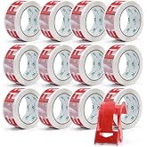 BOMEI PACK Fragile Packaging Tape with Dispenser, 48mm x 66m, Pack of 12 Rolls - Strong Packing Tape For Regular Use or for M