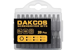 DAKCOS Punte T20, Torx Bit T20, assortimento di punte S2 (lunghezza: 25 mm, 20 pezzi)