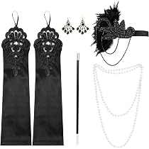 GIEEU 5 Pièces Accessoires Femme Année 20,Gatsby Costume Set,Accessoire Charleston Années 1920 avec Bandeau, Gants, Collier, Boucles D'oreilles, Bracelets