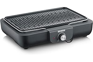 SEVERIN Barbecue électrique 2 200 W avec grille amovible en fonte d'aluminium, Barbecue de table avec bouton rotatif, eBBQ avec bac à eau pour utilisation en intérieur et extérieur, Noir, PG 8556
