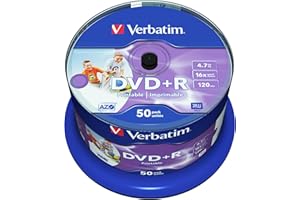 ‎VERBATIM Verbatim DVD+R Wide Inkjet Printable 4.7GB, 50er Pack Spindel, DVD Rohlinge bedruckbar, 16-fache Brenngeschwindigkeit & Hardcoat Scratch Guard, DVD-R printable, DVD leer, Rohlinge DVD