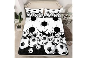 MANFEI Soccer Fitted Sheet Double Size, Football Sports Theme Bedding Set 3pcs for Kids Teens Room Decor, Geometric Hexagon Print Bed Cover with 2 Pillowcases, Soft Polyester Bedding