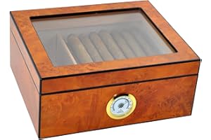 Eitida Zigarren Humidor Case für 25–50 Zigarren, gehärtetes Glas, handgefertigt, spanisches Zedernholz, Aufbewahrungsbox mit Trennwand, Luftbefeuchter und Hygrometer, Wurzelholz Blond
