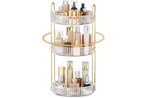 MOKANI 360 Rotating Makeup Organiser, 3 Tiers Spinning Skincare Organiser, Multi-Function Make Up Storage, Large Capacity Cosmetic Perfume Stand for Vanity, Bathroom and Bedroom
