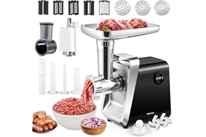 Hanchen Tritacarne Elettrico 6 in 1 con tubo per salsicce, 3 Dischi di Macinazione in Acciaio Inox, Accessori per Biscotti, Accessori per Kubbe, Testa per Succo di Pomodoro, Taglia Verdure Elettrico