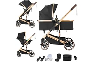 Shineey 3 in 1 Baby Stroller Travel Systems Pushchair Aluminium Frame High Landscape Combined Strollers Lightweight Folding Stroller for Height Compact Stroller (H9BLACK, H9)