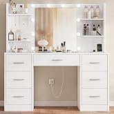 TEENFON Makeup Vanity with Dimmable LED Lights and Plugs, Makeup Table with Mirror, 4 Open Shelves and 5 Jewelry Hooks, White