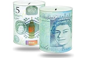 BSTOCKES 5 Pound Notes Design Money Tin Cash Box, Money Saving Money Box for Kids - Printed Bank Note Multicolour Cash Box for Birthday, Holiday & Christmas Fund, Cash Tin Piggy Bank Charity UK (Large 15x22cm)