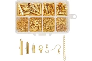 PH PANDAHALL PandaHall - 100 terminali a tubo in ottone con gancio a scomparsa, ganci per orecchini a monachella e chiusure a moschettone, anelli apribili, catenine allungatrici, accessori per creare gioielli