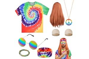HEAWAA 8 Piezas Disfraz Hippie para Hombre, Años 60 y 70 Disfraz Hippie de Los Juego con Peluca Camiseta Hippie Gafas Retro Collar de Paz Pulseras para Fiestas Carnaval