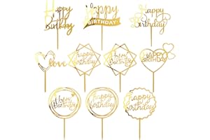 MOGADEE® 10 Stück Goldenes Happy Birthday Tortendeko Set, Acryl Glitter Cupcake Topper, Girlande Herze Sternen Cake Topper, Kuchen Deko für Mädchen, Kinder, Hochzeit, Mutter (Goldenes)