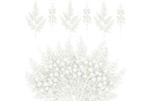 KKSTY 24 Pieces Christmas Tree Decorations - 12pcs Artificial Glitter Berries Stems and 12pcs Glitter Leaves for Christmas Tree Decor Wreath Making Vase Filler DIY Crafts (White)