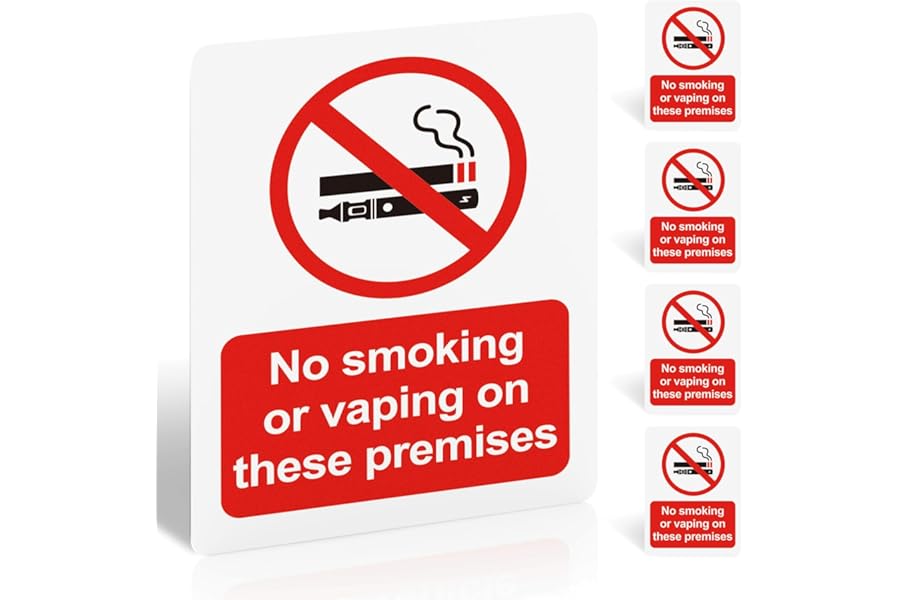 No Smoking or Vaping on These Premises Sign - 5 Pack, 100x75mm Self-Adhesive Vinyl Sticker - UV Printed Matte Surface, Waterproof, EN ISO 7010 Compliant