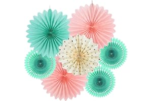 SUNBEAUTY 7 Pezzi Rosa Menta Decorazioni Floreali in Carta Confezione da Ventagli Rotondi in Carta da Appendere per Matrimoni, Deco Estiva, Compleanno, Baby Shower, Backdrop Garland Deco da Tavolo