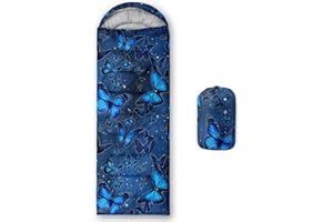 HOSIMA Sleeping Bags for Boys Girls Kids,Blue Butterfly Printed Lightweight Warm Portable Outdoor Indoor-Waterproof Cold Weather Resistant Sleeping Bag for Camping Hiking