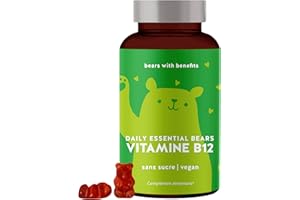 Bears with Benefits Oursons gélifiés à la vitamine B12 - hautement dosés 400µg par dose, 45 pièces - Ton boost d'énergie contre la fatigue et en cas de carence en B12 - Vegan & sans sucre