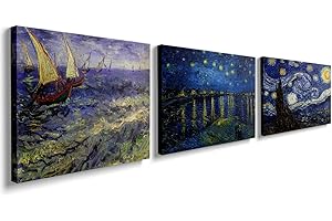 PRINFANTASY Aesthetic Room Decor Vincent Van Gogh Painting Sets of 3 Starry Night Framed Canvas Wall Art Picture Print 12X16 for Living Room Bathroom Kitchen GYH0056