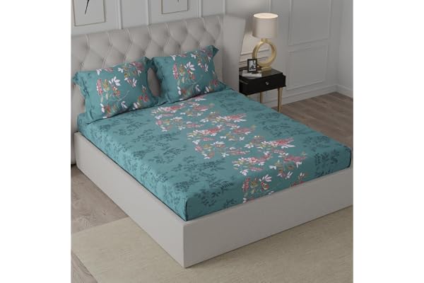 Cloth Fusion 186tc Glace Cotton Elastic Fitted Bedsheet for Double Bed King Size with 2 Pillow Covers, Soft Wrinkle Free Elastic Bedsheets for King Size Bed (78X72X8 inches, Botanical Night)