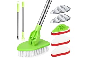 SWETHAW 3 in 1 Bathroom Tile Cleaning Brush with Long Handle, Shower Cleaning Brush Scrubbing Brush with Replaceable Stiff Bristle and Sponge Scourer Tub Scrubber for Shower, Floor, Bathtub (Green)