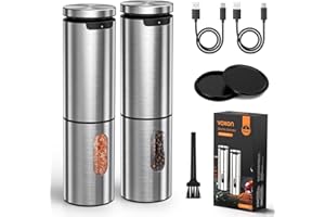 VOXON Electric Salt and Pepper Grinder Set – Rechargeable Stainless Steel Pepper Grinder with Durable Metal Container, One-Hand Operation, 5 Grind Settings & LED Light, Gift Sets, Silver