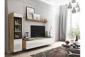 MINIO go for it - Parete attrezzata soggiorno Veve 1, Set di mobili da 3 pezzi, Mobile alto con vetrina, Mobile basso, Pannello da parete - Rovere Wotan/Bianco Lucido, Illuminazione a LED