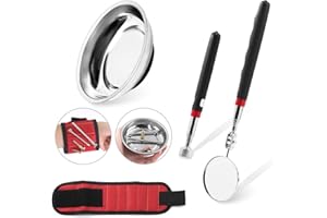 Glarks 4Pcs Magnetic Pickup Tool Set Including Magnetic Parts Tray, Telescoping Inspection Mirror, 10 lb Magnet Pickup Stick and Magnetic Wristban for Parts Socket Screw Nut Bolt Metal Tool