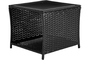 ‎WOLTU WOLTU Stół ogrodowy z rattanu PE, 45 x 45 x 40 cm, na zewnątrz, balkon, stolik pomocniczy, z blatem ze szkła hartowanego, otwarta szafka, odporny na warunki atmosferyczne, czarny