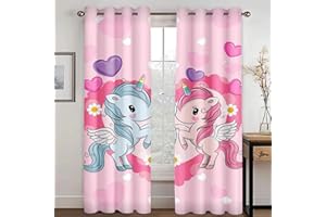 WEQEER Rideaux opaques - Rideau occultant - Motif licorne - Dessin animé - Cheval rose - Rideau de fenêtre pour chambre d'enfant - Motif arc-en-ciel - Nuages - 5,150 x 166 cm (2 x 75 x 166 cm)