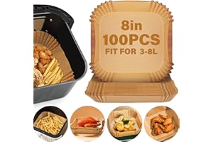HURRY UP Papier Cuisson Air Fryer, 100 Pièces 16cm Air Fryer Papier Cuisson,Papier Sulfurisé pour Air Fryer Antiadhésif Imperméable Papier Friteuse à Air Carré pour 3-8L Air Fryer Micro-Ondes Steamer