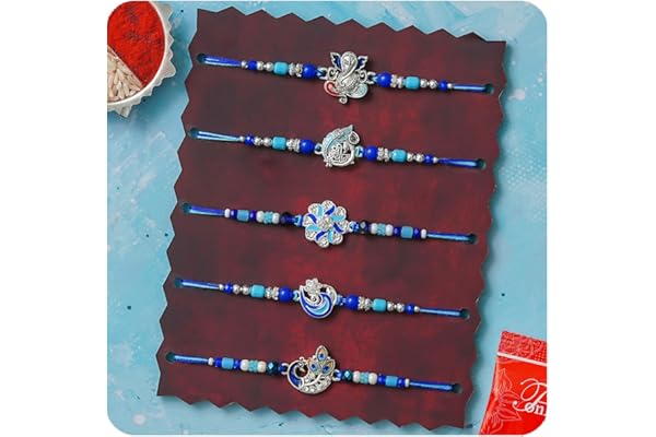 TONKWALAS Rakhi For Brother, Set Of 5 Designer Rakhi With Roli Chawal Pack and Greeting Card