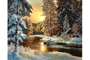 YEESAM ART Paint by Numbers for Adults Beginners Forest Winter, Sunset Cottage House 16x20 inch Linen Canvas Acrylic DIY Number Painting Kits Wall Art Decor Gifts