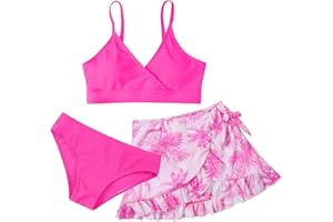 USAIBHIR Girls Swimsuit Bikini Set 3 Piece Swimming Costume with Skirt Cover Up Floral Printed Surfing Beach Swimwear 9-16 Years