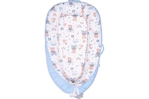 YGJT Baby Nest Pod for Newborn, Baby Lounger for 0-12 Months Boys Girls, 100% Cotton Baby Sleep Nest, Baby Essentials for Newborn, Baby Gifts (Bear Light Blue)