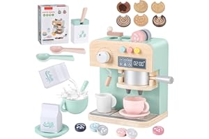 YOOHBERRYS Macchina da Caffè in Legno per Bambini, 22 pezzi Caffettiera in Legno Bambini, Macchina per Caffè Espresso Giocattolo con Macinino, Giocattolo da cucina per bambini 3 + Anni