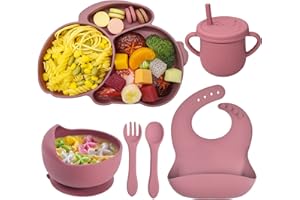 Baogaier Kindergeschirr Set Silikon, 6 Stücke Baby Rutschfest Unterteilt Kinderteller Schüssel mit Saugnapf und Becher Gabel Löffel Lätzchen, Kindergeschirr für Mädchen Kleinkinder Esse, Hase Rosa