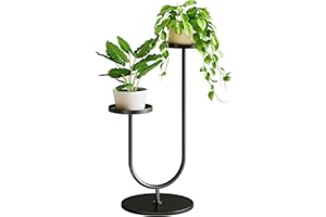 Bamworld Blumenständer Metall Schwarz, Pflanzenständer Indoor Outdoor, Modernes 2-stufiges Pflanzenregal, Stabiler Blumentopfhalter für Wohnzimmer, Balkon, Garten