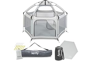 tenty Baby Pop-Up Laufgitter Set für drinnen und draußen - 150 x 100 cm - mobiler Laufstall mit Tragetasche, UV-Dach und Bodenmatte - für zuhause, Reisen, Camping - Grau (Grau)