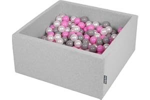KiddyMoon 90X40cm/200 Balls ∅ 7Cm / 2.75In Square Baby Foam Ball Pit Made In EU, Light Grey/Pearl/Grey/Pink