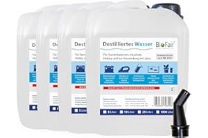 BIOFAIR Destilliertes Wasser 20 Liter plus 1x Ausgießer, (4 x 5L-Kanister / 1 Ausgießer)