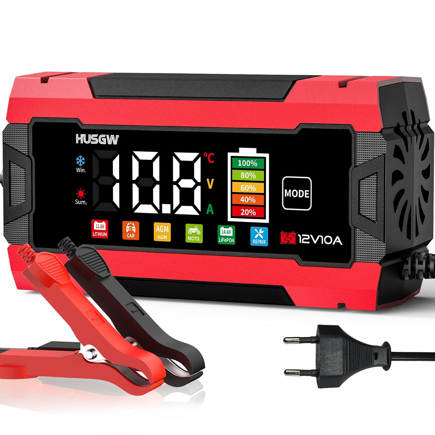 Husgw 12 V 10 A autobatterijlader, LiFePO4 motorbatterijlader, drie-stappen laadproces, meerdere veiligheidsbeveiligingen, voor auto, motor, AGM, Gel, Nat, SLA, LiFePO4