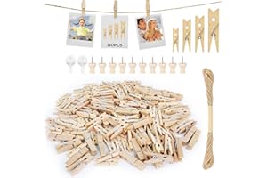HAVACUE ㅤ HavaCue Lot de 140 Mini Pince à Linge Bois Naturel 2.5/3/3.5/4.5CM Mini Pince à Linge Mariage Petite Epingle en Bois Pour Photo Pour Polaroid Photo Avec 10M Corde de Jute Mini Epingle en Bois Photo