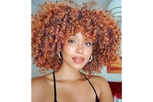 PORSMEER Peruka afro z kręconymi włosami, miedziano-czerwona, naturalne sztuczne włosy z grzywką, długość ramion, afro, kręcone, kręcone, dla czarnych kobiet, 30 cm, imbir