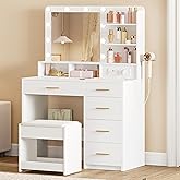 Hzuaneri Makeup Dressing Table, Vanity with Stool, Plug, White | 10 LED Light Up Balloons, 3 Colors, Large Mirror, Hair Dryer