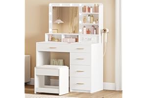 Hzuaneri Postazione Trucco con 10 Luce Led, 3 Colori, Toeletta Trucco con Spina E Grande Specchio, Sgabello E Supporto Per Asciugacapelli, Tavolino Da Toilette A Più Cassetti, Bianco DT39003X