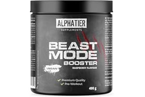 ALPHATIER SUPPLEMENTS Alphatier Beastmode Pre-Workout Booster Raspberry - hautement dosé + vegan - caféine citrulline L-arginine creapure ß-alanine bétaïne HCL Framboise 400 g
