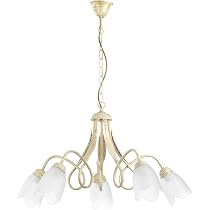 Lampadario Botton D’Oro A 5 Luci - In Stile Classico, Vetro Satinato, Decorazioni Floreali, Made In Italy, 100x65x65 Cm